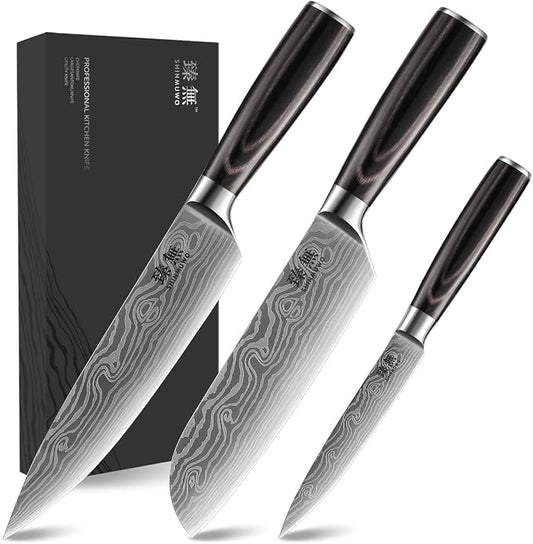 3-Piece Kitchen Knife Set, High Carbon Stainless Steel Blades with Wave Pattern, Ergonomic Pakkawood Handle - Includes 8" Chef, 7" Santoku & 5" Utility Knives