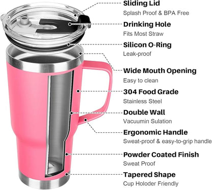 20 oz Tumbler with Handle, Stainless Steel Insulated Tumbler with Lid and Straw, Double Wall Vacuum Coffee Mug Tumbler, Insulated Coffee Thermal Cup for Cold and Hot (Rose Red, 20 Ounces)