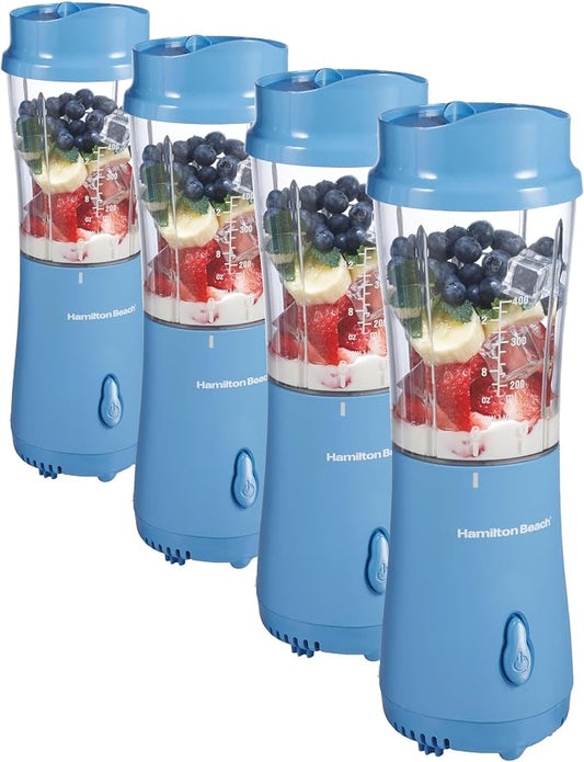 Hamilton Beach Portable Blender for Shakes and Smoothies,14 Oz BPA Free Travel Cup & Lid,Durable Stainless Steel Blades,Personal Smoothie Blender,Tranquil Blue (51172),(Pack of 4)