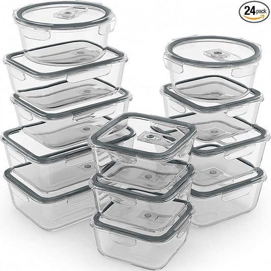 Razab 24 Pc Airtight Glass Food Storage Containers - Glass Meal Prep Containers - Freezer to Oven Safe - Steam Release Valve BPA Free - Airtight Bento Boxes - Leak Proof (12 lids & 12 Containers)