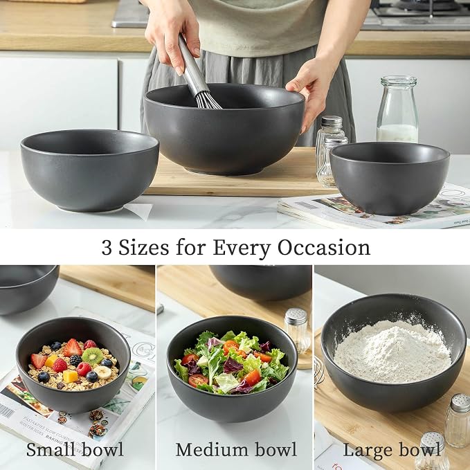 Tikoore Ceramic Mixing Bowls Set，Soup Bowls Set of 3, Stoneware Nesting Bowls for Serving, Baking, Salad,Microwave and Dishwasher Safe,24/40/88 oz, Matte Black