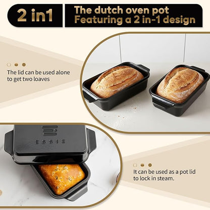 Enameled Cast Iron Dutch Oven for Bread Baking, 9×5 Dutch Oven Pot with Lid for Homemade Bread, 2 in 1 Sourdough Bread Pan with Lid, Roasting & Braising, Oven & Induction Safe (4.2 QT,Black)
