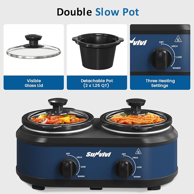 Double Slow Cooker,2 Removable Pots Small Mini Crock Buffet Server and Warmer with Adjustable Temp, Visible Glass Lids, Dishwasher Safe, 2 x 1.25 Quart, Blue