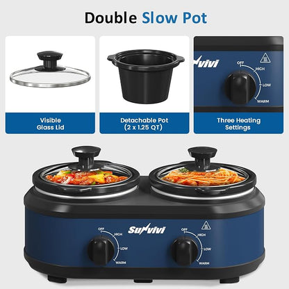 Double Slow Cooker,2 Removable Pots Small Mini Crock Buffet Server and Warmer with Adjustable Temp, Visible Glass Lids, Dishwasher Safe, 2 x 1.25 Quart, Blue