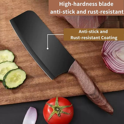 3-Piece Black Non-Stick Kitchen Knife Set, Rust Resistant Stainless Steel Chef Slicing Paring Knives, Comfort Wood Handle Cutlery for Home Camping BBQ, Housewarming Cooking Gift