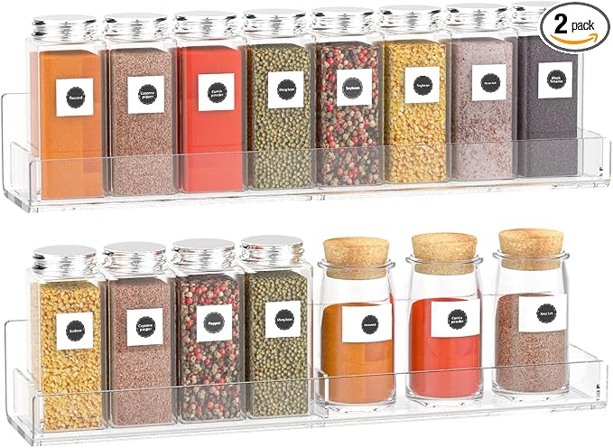 Sezanrpt Acrylic Spice Rack Wall Mount, Hanging Spice Shelf Racks for Seasonings, Kitchen Spice Jars Wall Organizer Storage Holder, 2 Pack