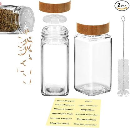 2Pcs 4 oz Square Glass Spice Jars with Label, Empty Spice Containers with Bamboo Lids , Square Seasoning Containers and Supplement Set, Small Seasoning Bottles for Salt, Herbs, Sugar, Pepper (2)