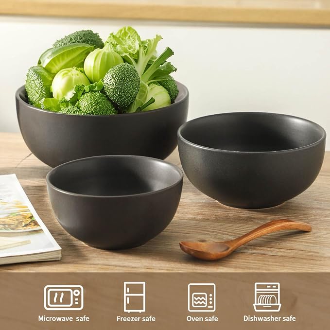Tikoore Ceramic Mixing Bowls Set，Soup Bowls Set of 3, Stoneware Nesting Bowls for Serving, Baking, Salad,Microwave and Dishwasher Safe,24/40/88 oz, Matte Black