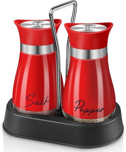 Salt and Pepper Shakers, Farmhouse Salt and Pepper Shakers Set with Holder, electroplated Handle, 4 oz Stainless Steel Glass Bottle Dispenser, for Table, RV, Camp, BBQ (Red)