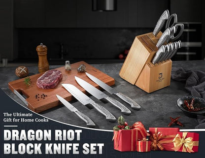 14 PCS Knife Set with Wood Block - Stainless Steel Kitchen Knife Block Set with Built in Sharpener, Dishwasher Safe, Rust Resistant, Non-Slip Ergonomic Handle - Gift for Men Women and Housewarming