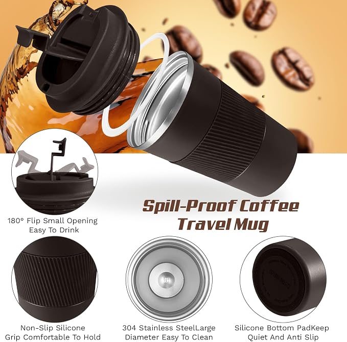 SPLMIFA Vacuum-Insulated Stainless Steel Travel Coffee Mug, Leak-Proof Reusable Coffee Cup with Lid - Keep Hot & Cold Drinks for Hours, Durable Insulated Tumbler for Men & Women(3rd-Dark Coffee, 17OZ)