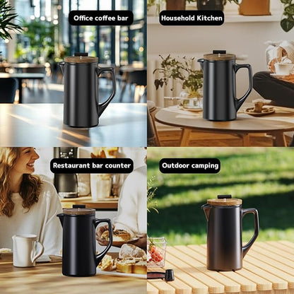 Ceramic French Press Coffee Maker, 22oz Single Serve Coffee Press with Walnut Wood Lid, Lead-Free, Food Grade Stainless Steel Filter with Dual Screen for Coffee and Loose Tea, Black