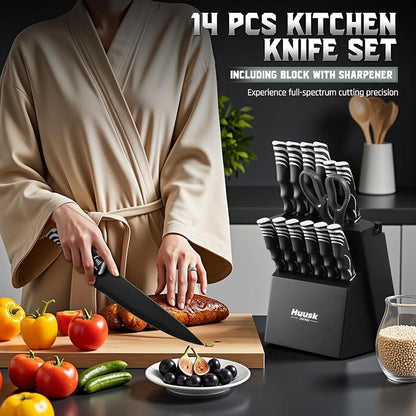 Huusk Knife Block Set with Sharpener - Kitchen Knives Set with Wooden Knife Block - Ideal Housewarming Gifts for New Home - Chef Knives with Kitchen Shears - Christmas Gift for Men Women - Black