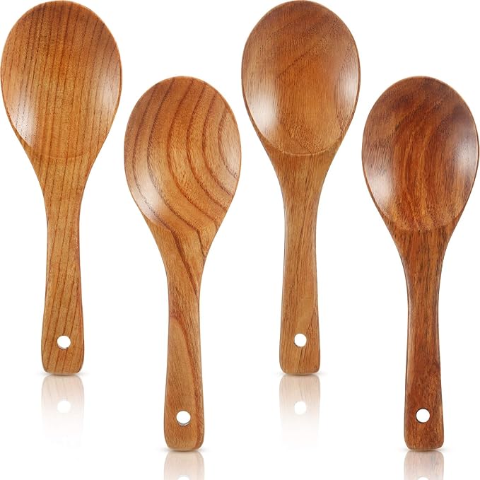 Patelai 4 Pieces 9 Inch Wooden Spoons for Cooking Eating with Long Handle, Nonstick Heat-resistant Serving Salad Stirring Soup Rice Paddle for Serving Kitchen Cooking Home Table Scooper