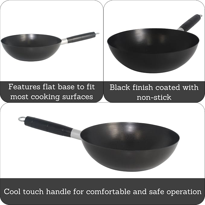 IMUSA Carbon Steel Nonstick Wok 9.5 in Flat Bottom Wok Pan for Electric Stove with Cool Touch Handle, Black Coating, Lightweight Steel Wok for Stir Fry and Fried Rice