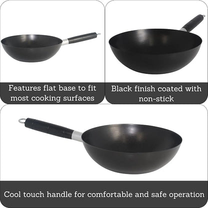 IMUSA Carbon Steel Nonstick Wok 9.5 in Flat Bottom Wok Pan for Electric Stove with Cool Touch Handle, Black Coating, Lightweight Steel Wok for Stir Fry and Fried Rice