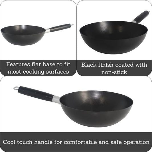 IMUSA Carbon Steel Nonstick Wok 9.5 in Flat Bottom Wok Pan for Electric Stove with Cool Touch Handle, Black Coating, Lightweight Steel Wok for Stir Fry and Fried Rice