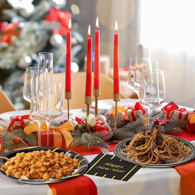 Dereinwo 100 PCS New Year Paper Plates and Napkins | Bundle Includes Paper Oval Dinner Plates Dessert Plates and Napkins for New Year Party Supplies