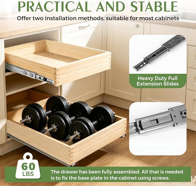 Wooden Pull Out Cabinet Organizer 24" W x 21" D x 3" H Solid Wood Drawer with Soft Close Slides Bottom or Side Mount for Pantry Bathroom Bedroom Dining Room Storage