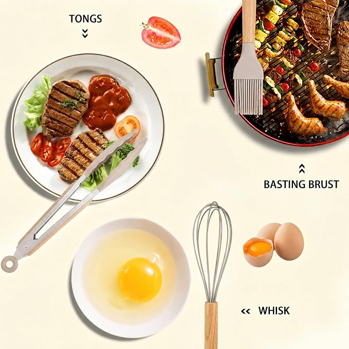 MIBOTE Silicone Cooking Kitchen Utensils Set with Holder, Wooden Handles BPA Free Non Toxic Silicone Turner Tongs Spatula Spoon Kitchen Gadgets Utensil Set for Nonstick Cookware (Khaki)
