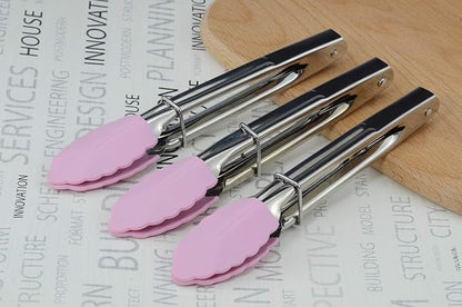 HINMAY 7-Inch Serving Tongs with Silicone Tips, Set of 3 (Pink) | 7-Inch Clam Shell Mini Tongs