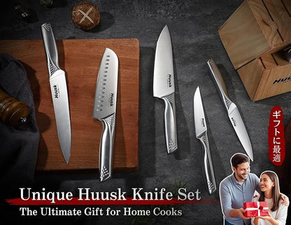 Huusk Knife Set with Block and Sharpener, 14 Pcs Japanese Stainless Steel Kitchen Knife Sets, Sharp Silver Professional Knives Set with Box for Kitchen, Gifts for Men Women