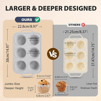 Jumbo Silicone Muffin Pan with Metal Frame, Non Stick Silicone Cupcake Pan with Handles 6 Cup, BPA Free Silicon Muffin Tin Tray Extra Large for baking, egg bites, Cupcake Mold Light Grey