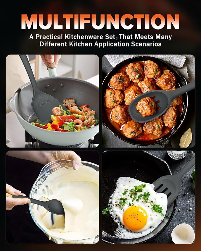 Silicone Cooking Utensils Set, Perfectly Angled for Frying, Mixing,Serving,Draining,Turning and Stirring, BPA-Free Matte Silicone, Wood Handles, Safe for Nonstick Cooking Surfaces,4 Pack (Grey)