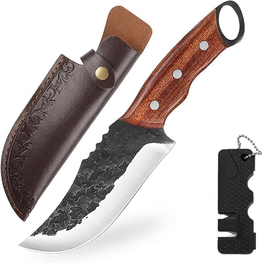 KOFERY Hand Forged Serbian Chef Knife and Viking Butcher Cleaver in 4Cr13MoV Steel with Full Tang Rosewood Handle for Camp & BBQ Butchering with Leather Sheath and Sharpener