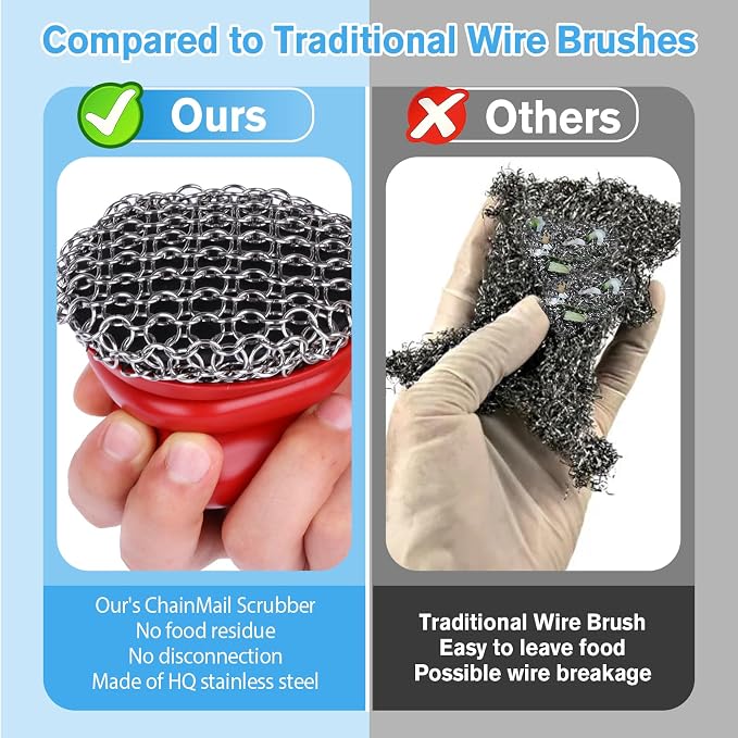 Cast Iron Scrubber and Scraper, Chain Mail Scrubber Cast Iron for Cleaning Dishes, Stock Pots, Pans, Griddles, Grills, Dish Scouring Pads
