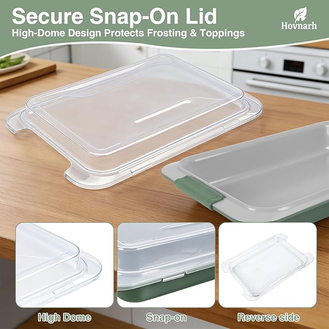 9x13 Baking Pan with Lid, Deep 13x9 Covered Cake Pan, Nonstick with Silicone Handles, Warp-Resistant Green Baking Pan for Storage, Transport, Potlucks & Meal Prep