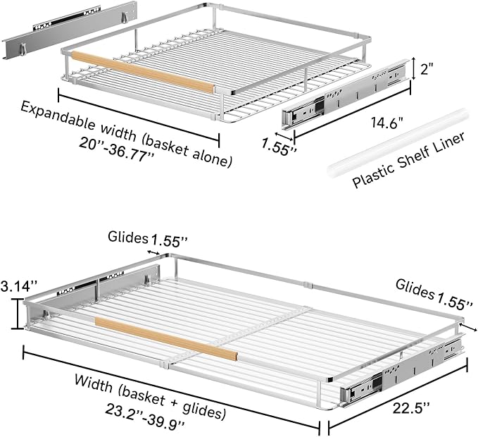 Expandable Pull Out Cabinet Organizer, 23.2"-39.9" W x 22.5''D | 1Pack, Stainless Steel Slide Out Drawers, Heavy Duty Drawer Slides, For Kitchen Pantry Cupboard Pots Pans, Adjustable Width