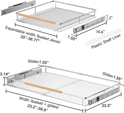 Expandable Pull Out Cabinet Organizer, 23.2"-39.9" W x 22.5''D | 1Pack, Stainless Steel Slide Out Drawers, Heavy Duty Drawer Slides, For Kitchen Pantry Cupboard Pots Pans, Adjustable Width