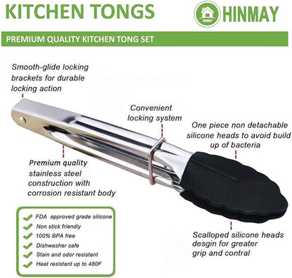 HINMAY Mini Tongs with Silicone Tips 7-Inch Kitchen Tongs, Set of 3 (Black)