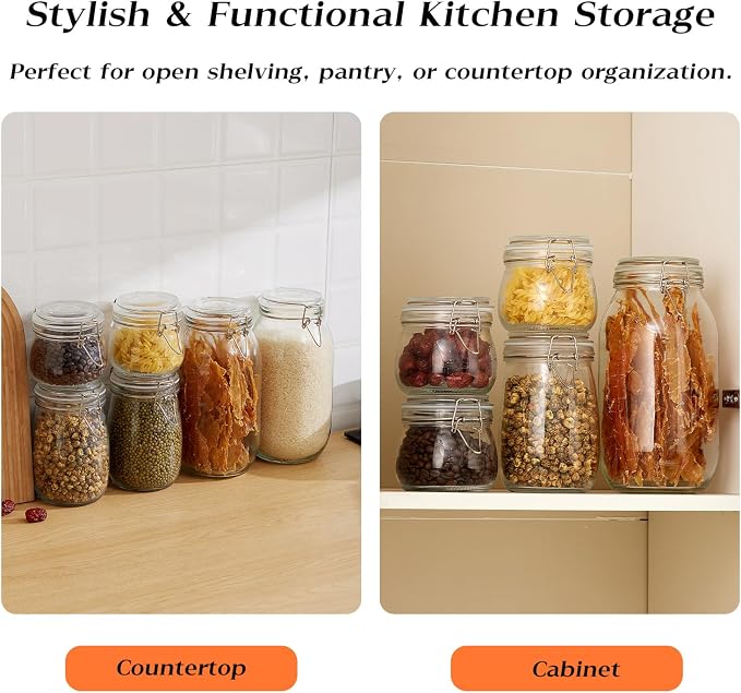 BJONKZ 4 Pack 34 oz Glass Jars with Airtight Lids – Food Storage Containers with Preserving Seal Wire Clip Fastening, Glass Canisters for Kitchen Canning Flour, Cereal, Sugar, Beans (34oz*4)
