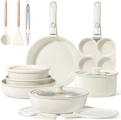 GiPP Ceramic Pots and Pans Set Non Stick, Nonstick Detachable Handle Cookware Sets, Healthy Non Toxic PFAS PFOA & PTFE Free, Dishwasher ＆Oven Safe, Induction Kitchen Pot and Pan, 21 Piece Cream