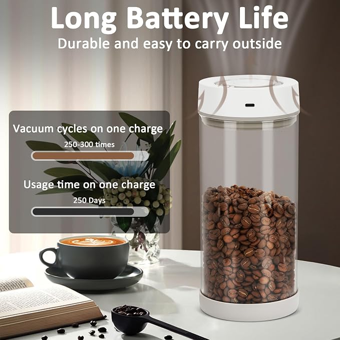 Coffee Bean Storage Container, 600ml Electric Airtight Coffee Canister, Gift for Coffee Lovers, One-Button Operation & Date Tracker Vacuum Canister, Food Storage Container with Borosilicate Glass