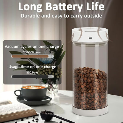 Coffee Bean Storage Container, 600ml Electric Airtight Coffee Canister, Gift for Coffee Lovers, One-Button Operation & Date Tracker Vacuum Canister, Food Storage Container with Borosilicate Glass