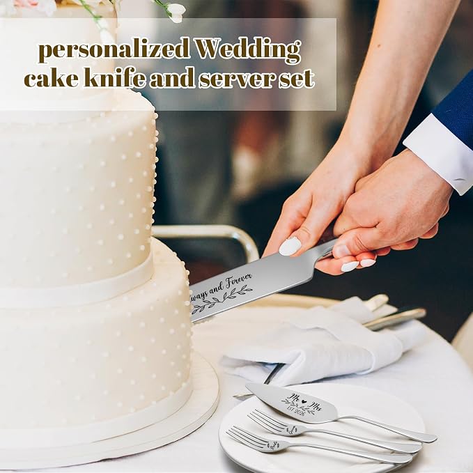 Wedding Cake Knife and Server Set, 4 Pack Stainless Steel Cake Cutting Knife, Slicer and Forks Server for Wedding, Anniversary, Birthday(Silvery)