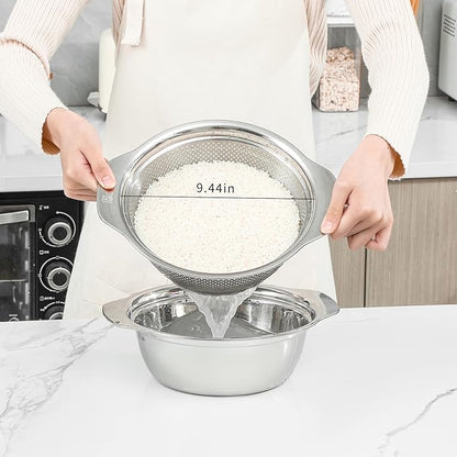 Paoli 304 Stainless Steel Fine Mesh Colander Set, 2.5QT Large Capacity Strainer with Mixing Bowl — Rinse Fruits, Veggies, Rice & Drain Pasta, Dishwasher Safe (2-Piece)