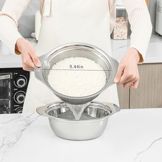 Paoli 304 Stainless Steel Fine Mesh Colander Set, 2.5QT Large Capacity Strainer with Mixing Bowl — Rinse Fruits, Veggies, Rice & Drain Pasta, Dishwasher Safe (2-Piece)