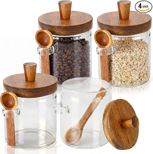 Remerry Set of 4 Glass Jar with Wooden Lid and Spoon, 13.5 oz Coffee Bean Tea Sugar Jar Set, Clear Airtight Spice Canisters Glass Food Storage Kitchen Containers for Coffee Bean Tea Sugar