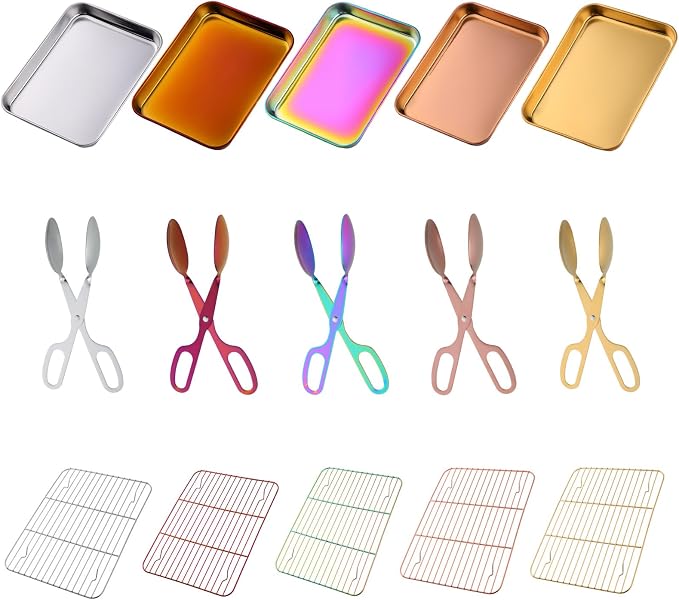 DOCBLACK Baking Sheet with Wire Rack and BBQ Tong Set, Stainless Steel Cookie Sheet Baking Tray & Cooling Rack & 26cm Food Tong for Cooking and Oven, Dishwasher Safe-Rose Gold