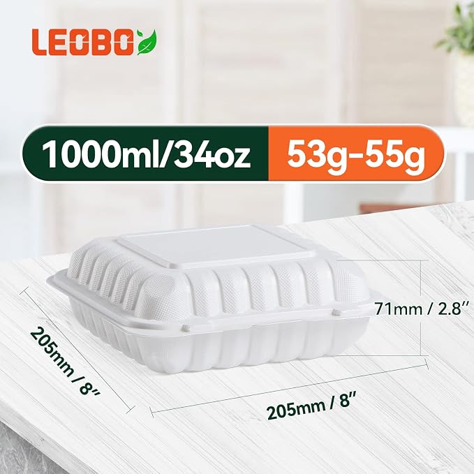 8 Inch 34oz 55-Pack White Food Containers - Shrink Wrap No Pre-Wash | BPA Free Sturdy Reusable | Microwave, Freezer & Dishwasher Safe for Leftovers, Meal Prep, Takeout & Catering Disposable Box