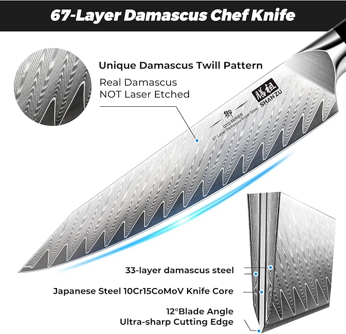SHAN ZU Damascus Chef Knife 6 inch,67-Layer Japanese Steel 10Cr15MoV Kitchen Knife, High Carbon Super Sharp Japanese Chef Knife, All Purpose Professional Kitchen Utility Petty Knives with G10 Handle