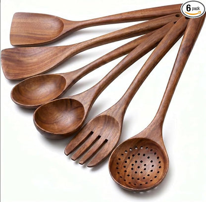 Kitchen 6Pcs Acacia Wooden Spoons for Cooking, Wooden Utensils Set | Durable, Non Toxic, Non-Stick, Smooth Finish, Easy to Clean, Comfort Grip, House Warming Gift