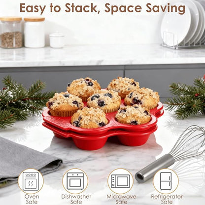 Youeon 2 Pack Red Ceramic Muffin Pans, 7 Cup Nonstick Cupcake Baking Pans with Floral Handles, Oven & Dishwasher Safe Muffin Tins for Muffins, Cupcakes, Mini Cheesecakes, Holiday Baking Gift
