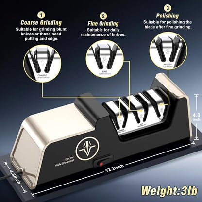 VIDOME Professional Electric Knife Sharpener with 100% Diamond Abrasives, 3-Stage Precision Angle Guides, Champagne Gold, for Kitchen Straight Edge and Ceramic Knives