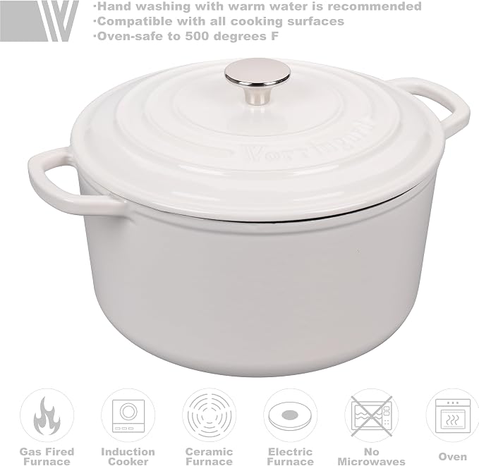 VORRINGARD Enameled Cast Iron Dutch Oven Pot with Lid, for Sourdough Bread Baking, Round Dutch Ovens, 6 Quart, White