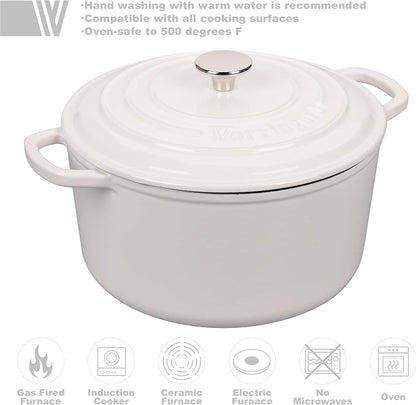 VORRINGARD Enameled Cast Iron Dutch Oven Pot with Lid, for Sourdough Bread Baking, Round Dutch Ovens, 6 Quart, White